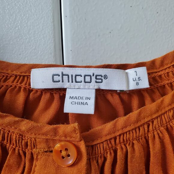 Chico's Shirt Womens Medium Orange Eyelet Floral Button Front Puff Sleeve Boho - Picture 3 of 8